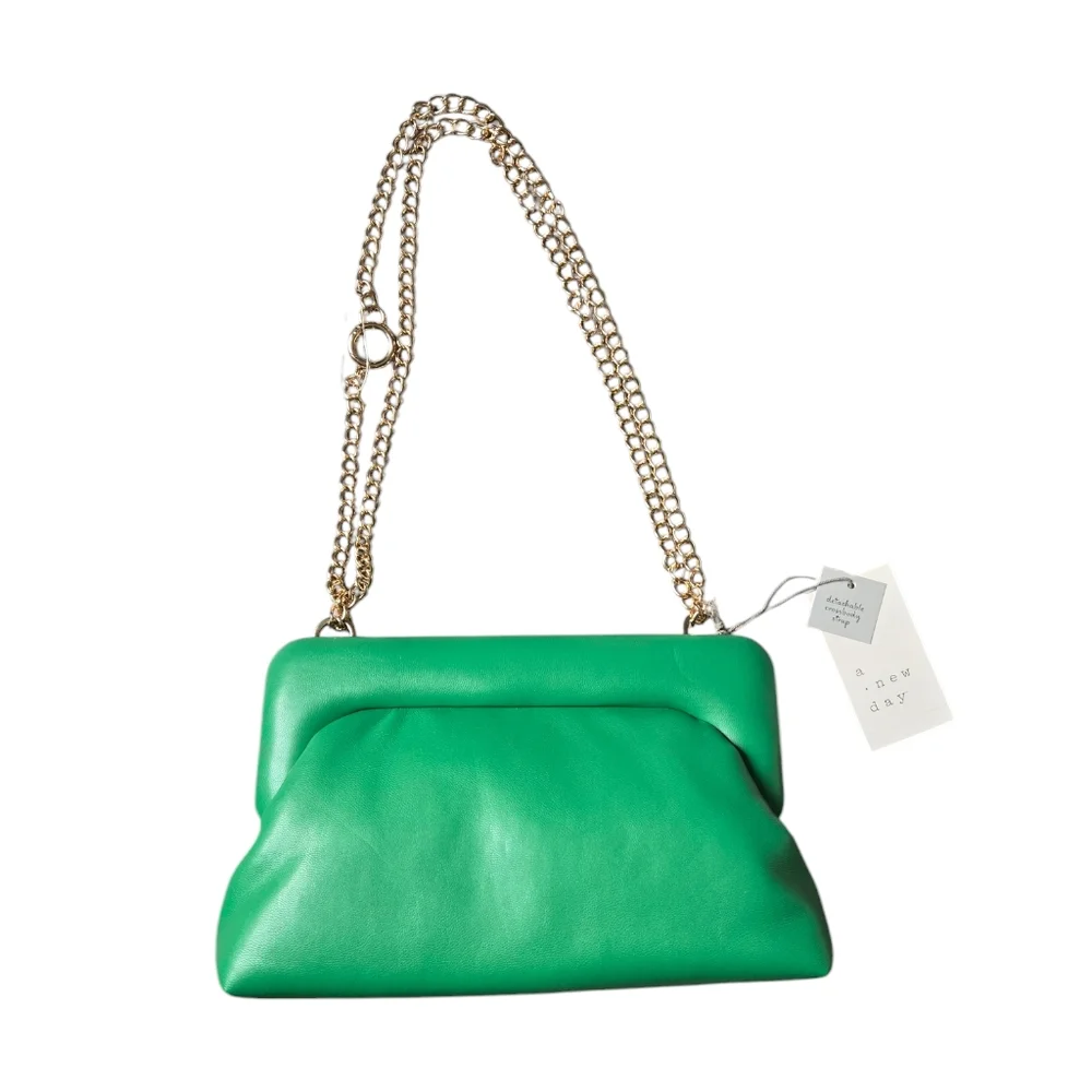 New Puff Clutch Vibrant Green Faux Leather - Sleek Gold Chain Strap Shoulder Bag
